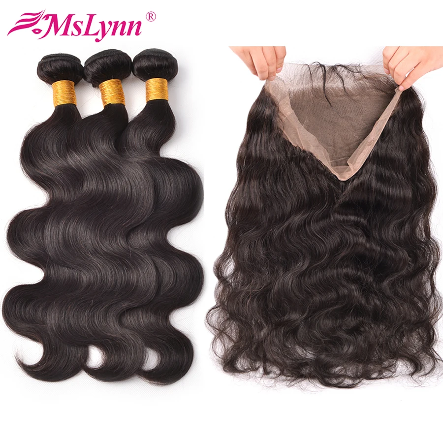 360 Lace Frontal With Bundle Peruvian Body Wave 3 Bundles With Closure Mslynn Hair Non Remy Human Hair Extensions Natural Color body-wave