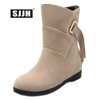 

SJJH Woman Ankle Boots with Round Toe Flat Heel Slip-on Faux Suede Fringe Footwear Casual Fashion Formal Shoes Large Size Q049