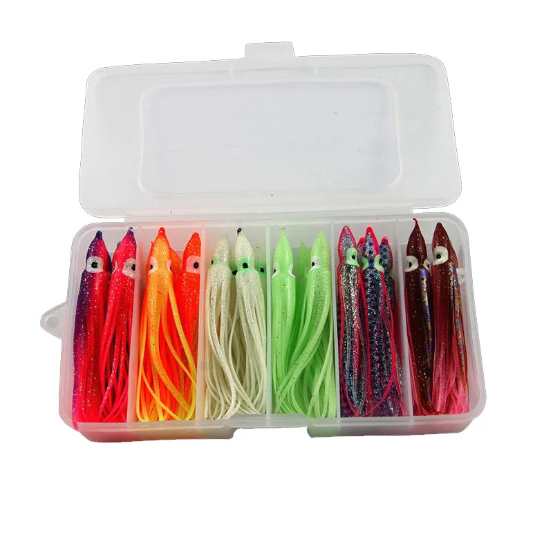 24pcs 10cm Soft Octopus Fishing Lures For Jigs Mixed Color Luminous Silicone Octopus Skirt Artificial Jigging Bait Set With Box