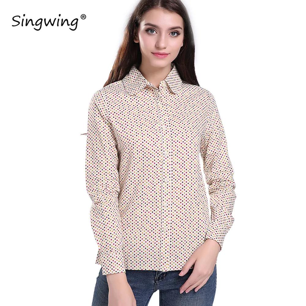 

Singwing Cotton Women office working Blouse Shirts Long Sleeve Turn-down Collar Shirts blouse Polka Dot Women's Shirts Tops
