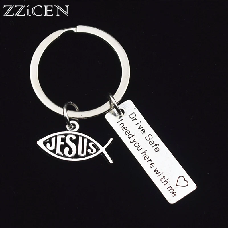 

New Lettering Drive Safe Keychains for Couples Boyfriend Girlfriend Jewelry JESUS Christian Fish Pendant Keyring Lucky Gifts