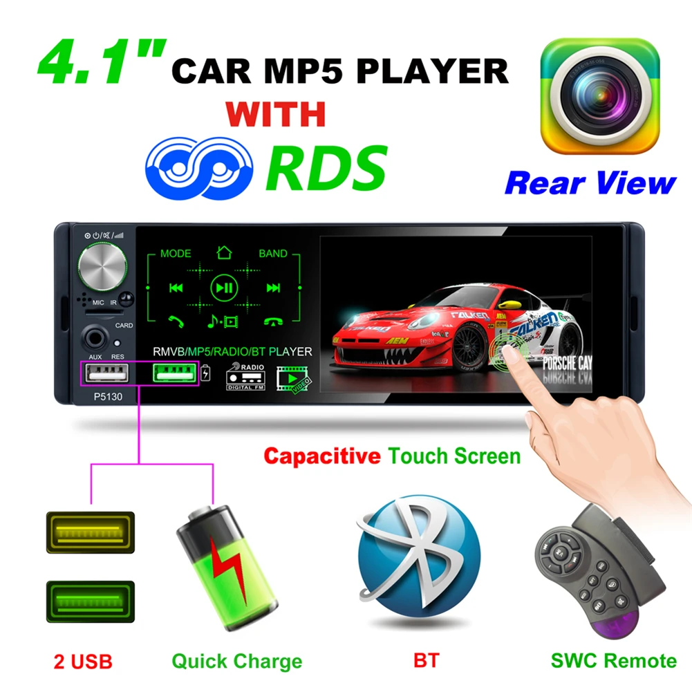 Автомагнитола 1din 4,1 дюймов емкостный сенсорный экран Аудио Зеркало Ссылка стерео Bluetooth ИК камера заднего вида AM/FM/RDS радио