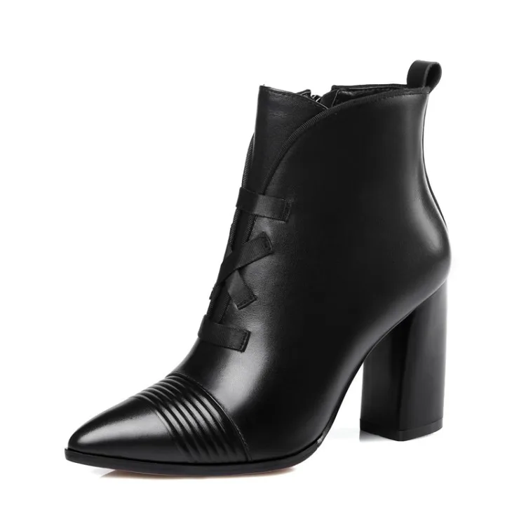

2019 Woman Boots Square High Heels Shoes Chelsea Cow Leather Pointed Toe Concise Shoes Zip Winter Women Mid Boots DR-B0014