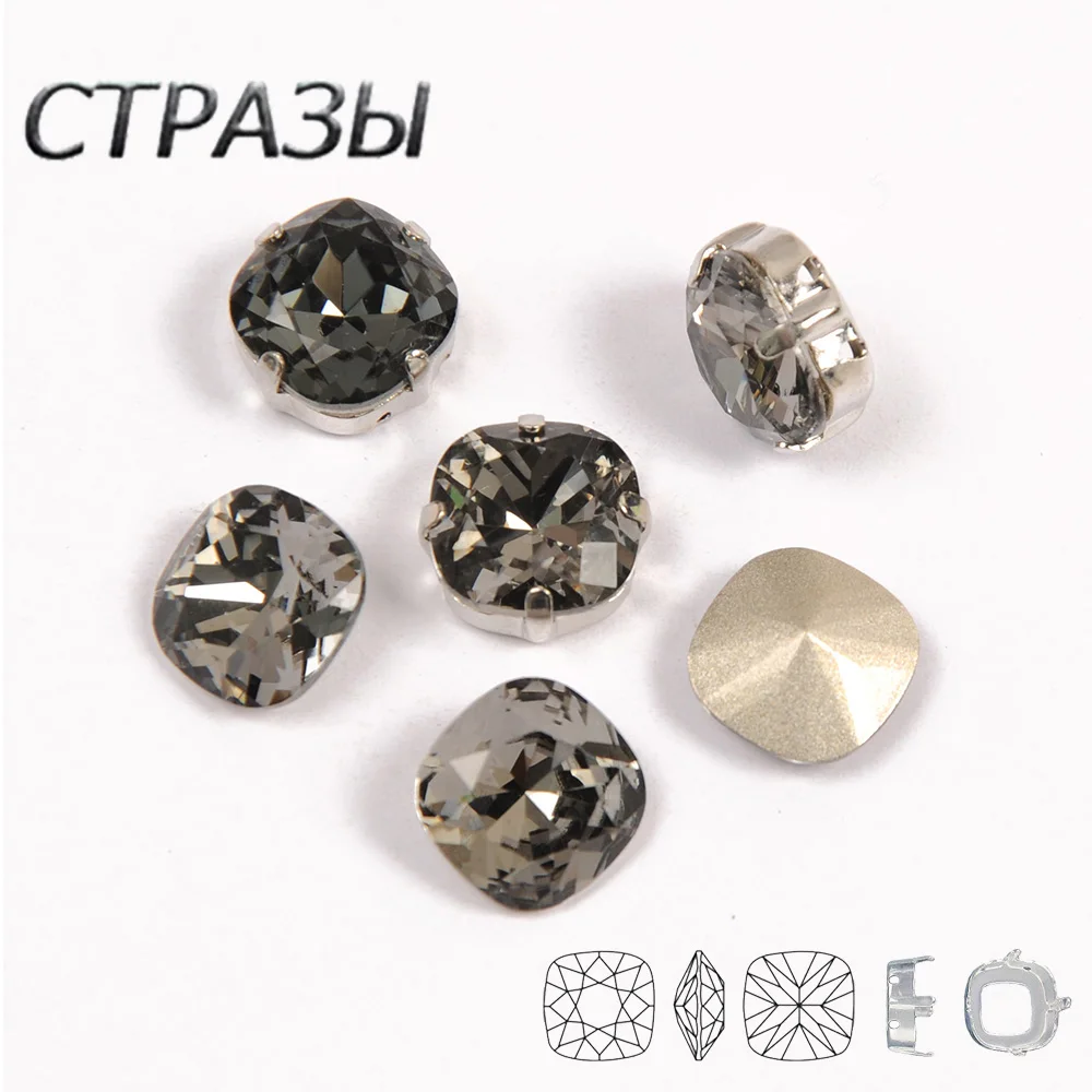 

Black diamond Fat Square Shapes Crystal Sew On Rhinestones With Claw Sew on Stones For Jewelry Hair Clips Bridal Garment