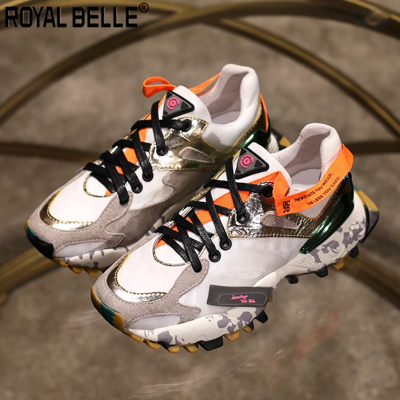 

Royal Belle Lace Up Mixed Color Platform Sneakers Gennuine Leather Women Sneakers Platform Creeper Casual Flat Shoes Espadrilles