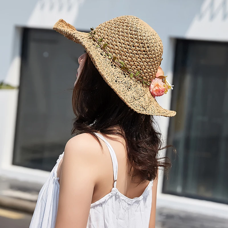 Ahuecado-hacia fuera sombrero versión coreana Chao Baitie flores sombrero de paja de verano de playa hecho a mano sombrero de paja plegable - 5