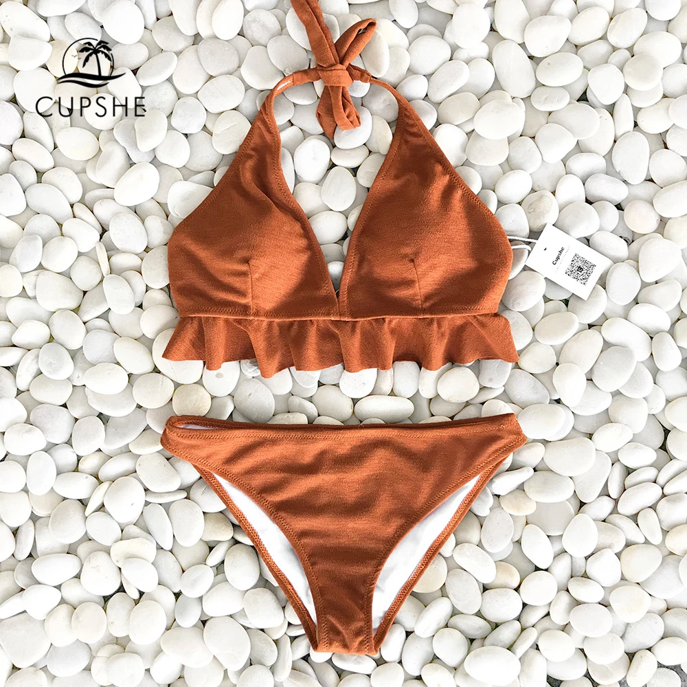 CUPSHE Caramel Macchiato Ruffle Solid Bikini Set Women Halter Sexy Thong Bikini Swimwear 2019 Girl Beach Bathing Suit Swimsuit CUPSHE Caramel Macchiato Ruffle Solid Bikini Set Women Halter Sexy Thong Bikini Swimwear 2019 Girl Beach Bathing Suit Swimsuit