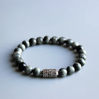 

Eastisan Grey Eagle Eye Stone Beads With Tibetan Buddhism Mantra Totem Charm Bracelet For Man Woman Om Mani Padme Hum Jewelry