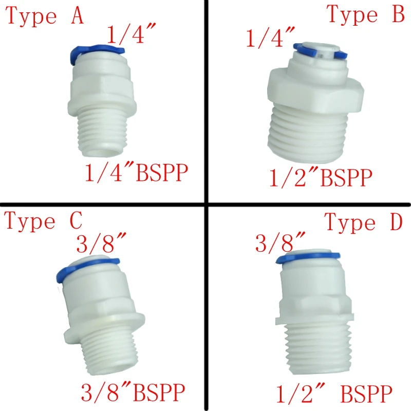 

1Pcs RO Water Straight Fitting Plastic Quick Connector System Water Purifies 1/4 3/8 OD Hose 1/8" 1/4" 1/2" 3/8" BSP Male Thread