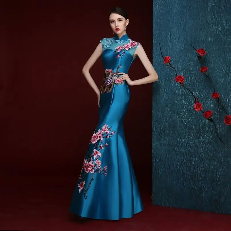 

Bride Cheongsam Long Modern Qipao Sexy Chinese Oriental Style Embroider Dresses Traditional Wedding Dress Women Fashion