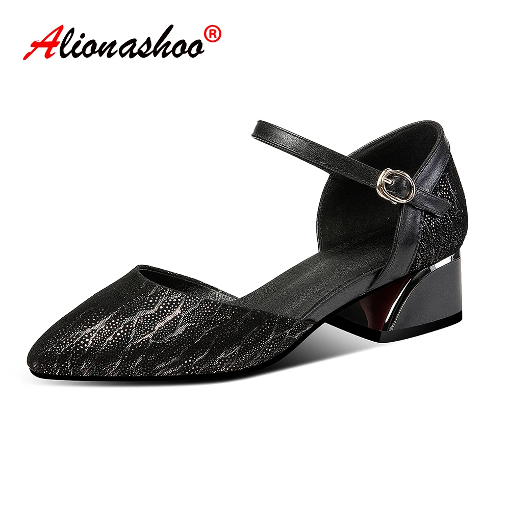 

Women Sandals Genuine Leather Ankle Strap High Quality Hand Made New Women's Summer Shoes Buckle Thick Mid Heels Plus Size 34-42