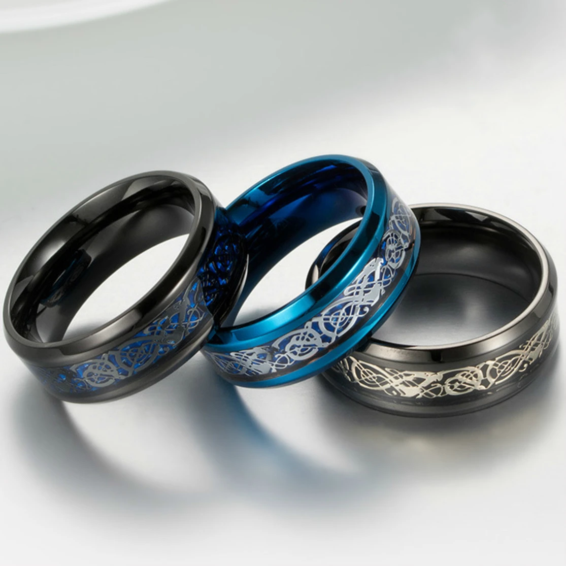 

Dragon Men Gold Silver Carbon Fiber Black Celtic Tungsten Carbide Ring Comfort Fit Wedding Rings Bague Homme Anel Masculino