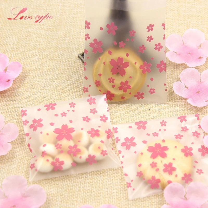 

100PCS/Lot DIY Pink Cherry Blossoms Cookie&Candy Bag Self-Adhesive Plastic Bags For Biscuits Snack Baking Package Supplies