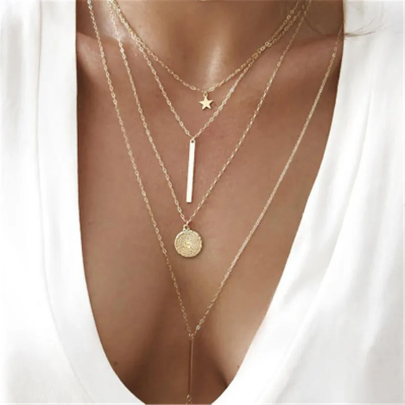 

Baloki Vintage Bohemian Tribal Multi layer Pendant Necklace for Women Gold Color Star Horns Metal Necklaces Collar Drop Shipping