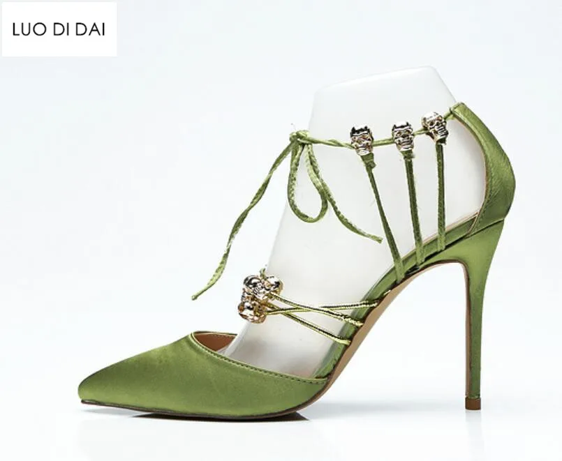 2018 New women green high heels thin heel gold skull tied pumps party shoes satin pumps dress shoes lace up pumps wedding shoes 2018 New women green high heels thin heel gold skull tied pumps party shoes satin pumps dress shoes lace up pumps wedding shoes