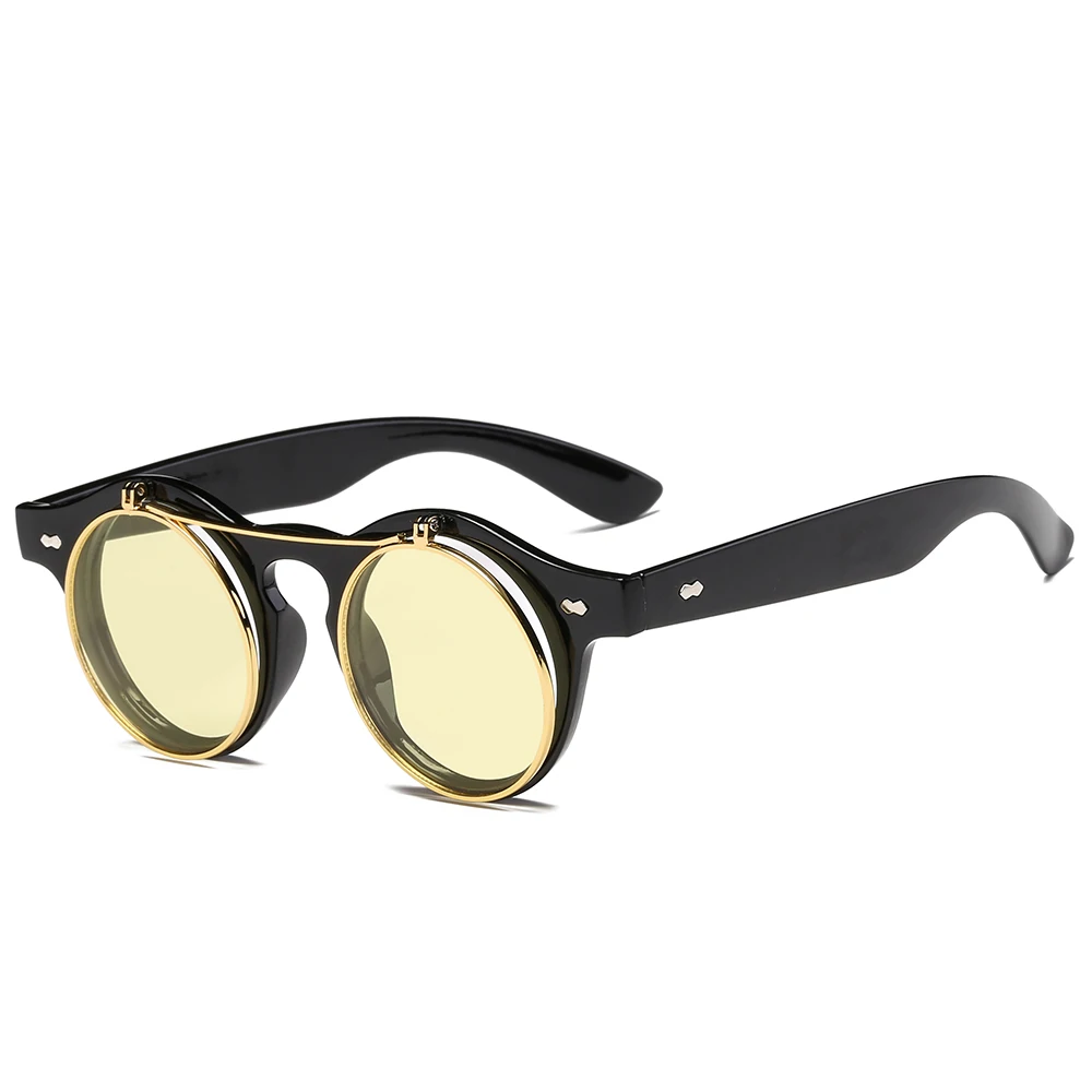 Стимпанк готические очки Ретро Флип-ап Круглые Солнцезащитные очки для женщин винтажные черные солнцезащитные очки для мужчин Oculos de sol Feminino R036 - Цвет линз: Yellow