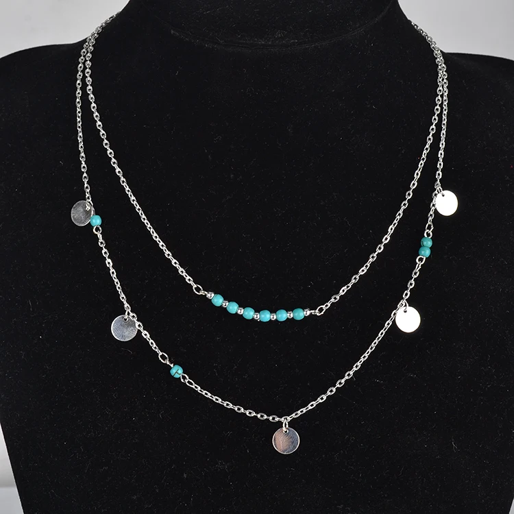 TX1209 Simple Silver and gold coin kallaite bead double chain necklace