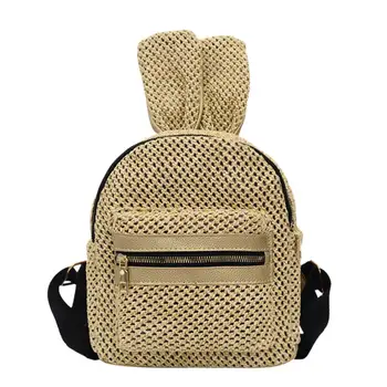 

Fashion Rabbit Ear Travel Backpacks Women Small School Bags Casual Summer Beach Straw Woven Knapsack Preppy Style Satchel