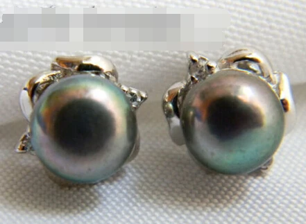 

hot sell new - -hot 00437 Black Flat Round Freshwater Pearl Stud Earring