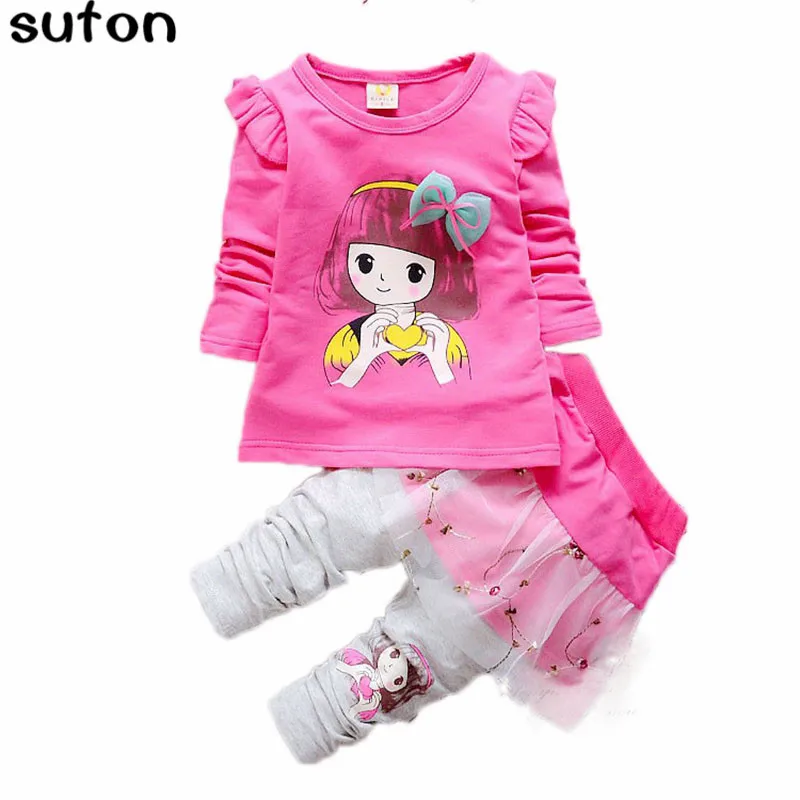 

2017 Autumn Baby Girls Suits Long-sleeved Cotton Cartoon Little Girls Bow T-shirt+veil Culottes Leggings Lovely Kids Clothes Set