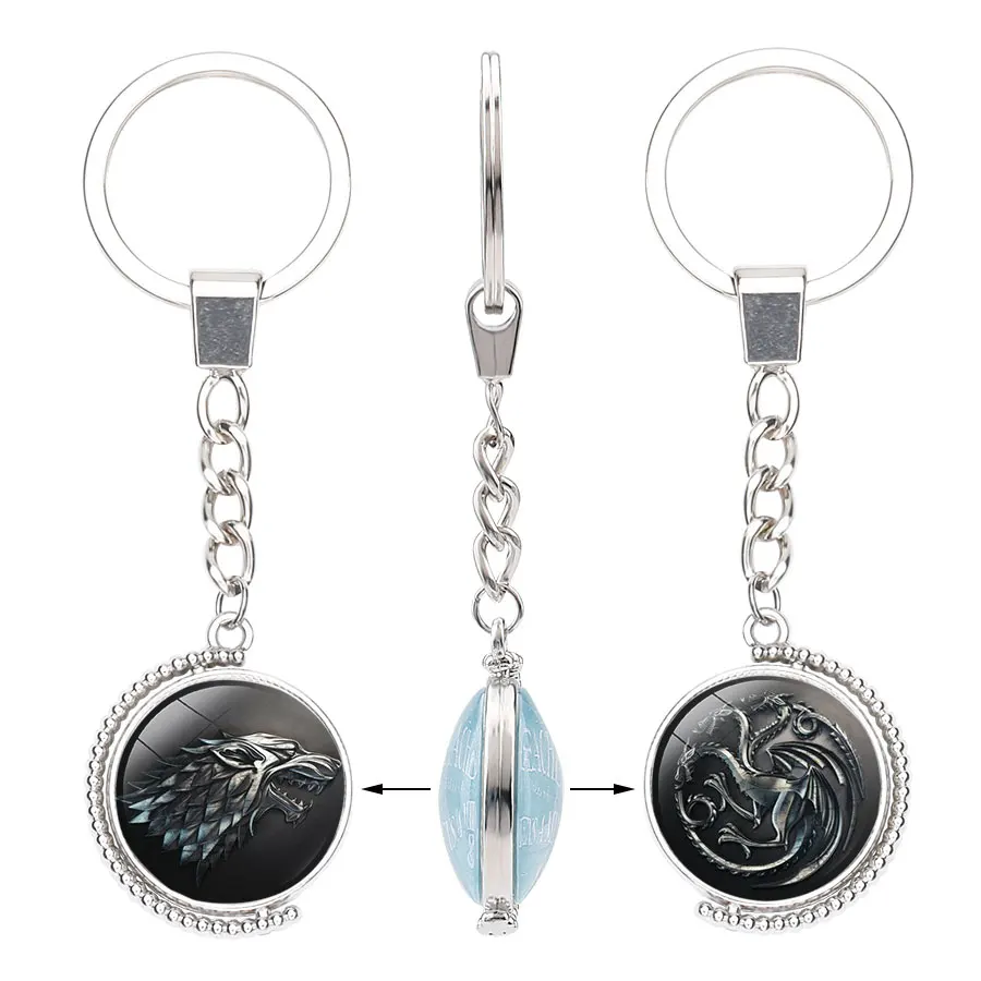 

NingXiang Game of Thrones Winterfell House Stark Ice Wolf Lion Dragon Deer Symbol Double Side Key Chain Ring Men Car Key Holder