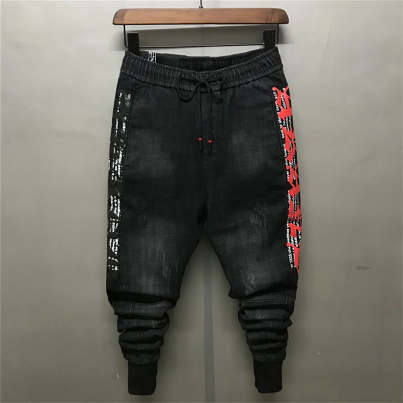 Men Slim Washed Denim Jeans Men Black Long Elastic Waist Drawstring Pencil Pants Letter Print Regular Trousers Winter Streetwear