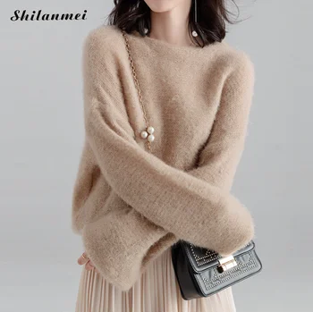 

New Autumn Winter Woman Fashion O Neck Knitted Pullovers Casual Long Sleeve Solid Knitting Sweaters Pull Femme Hiver Brown