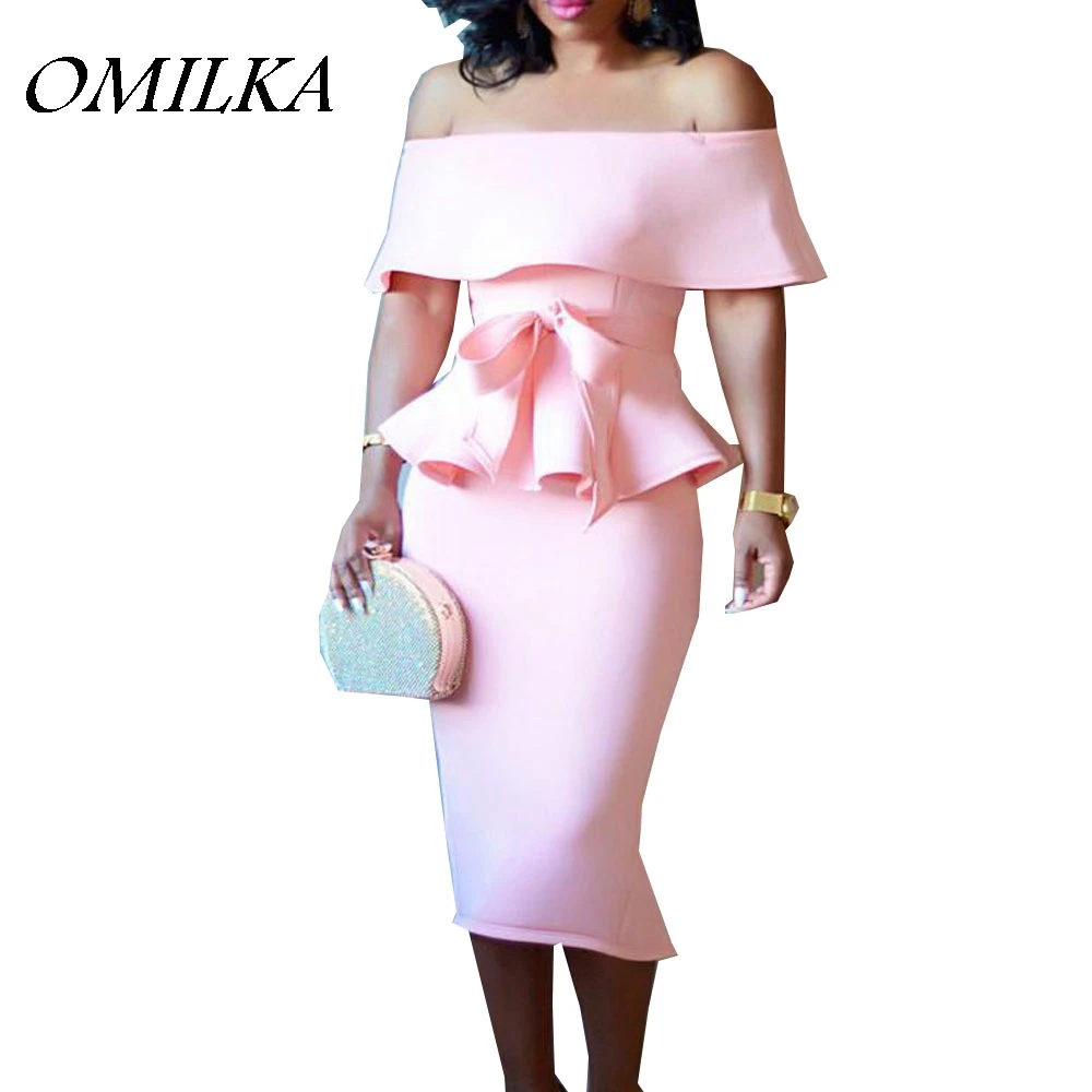 

OMILKA 2018 Autumn Women 2 Piece Ruffle Bandage Bow Dress Elegant Pink White Off the Shoulder Slash Neck Club Party Midi Dress