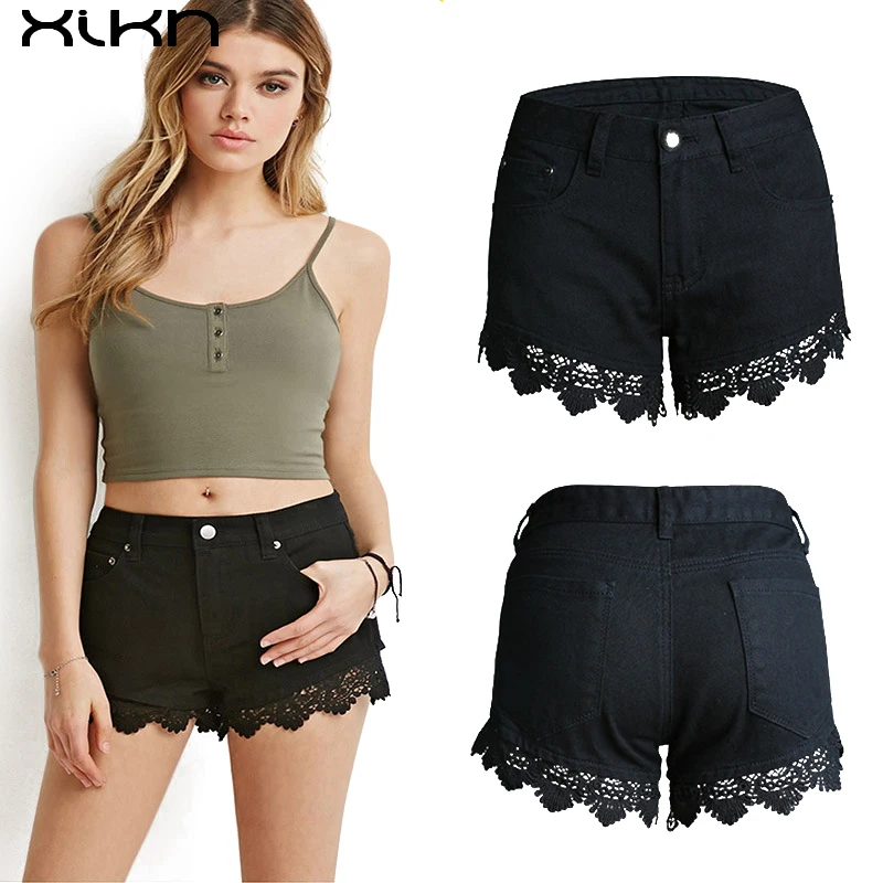 XIKN Women Jeans Shorts Summer Black Lace High Waist Denim Shorts Women