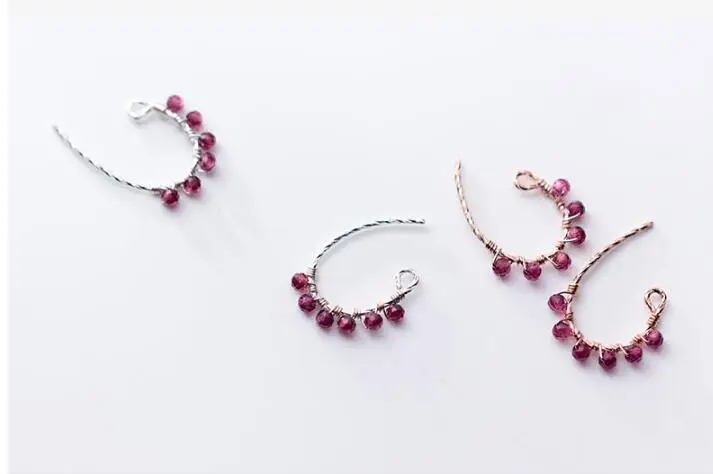 

Authentic Real 100% 925 Sterling Silver fine Jewelry Geometric-Cut Red garnet Stone Half Circle Ear Earrings GTLE2559