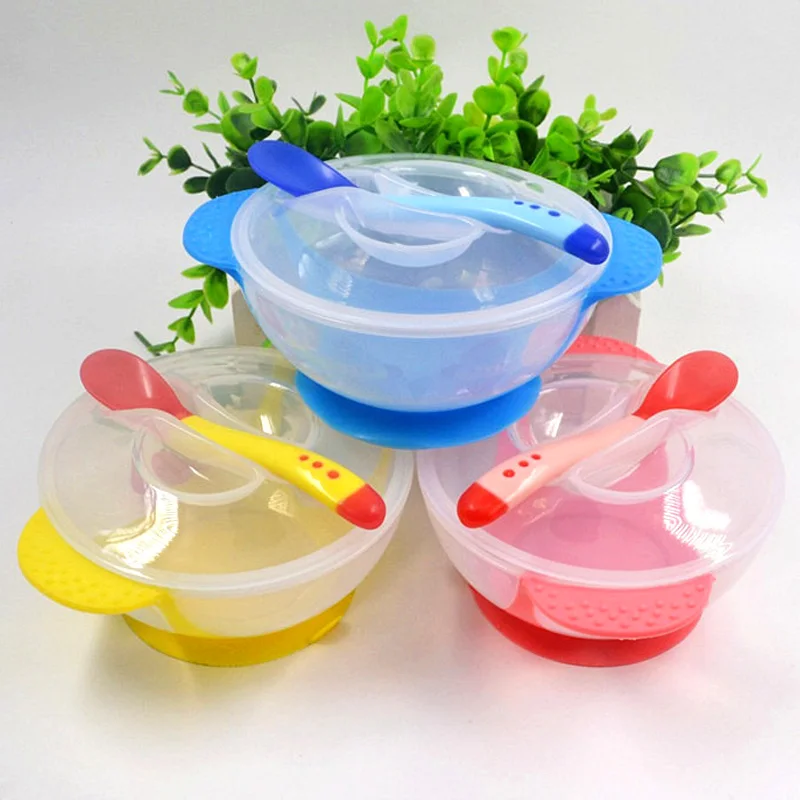 

1 Set Baby Spoon Bowl Learning Dishes With Suction Cup Assist Food Bowl Temperature Sensing Spoon Kids Tableware