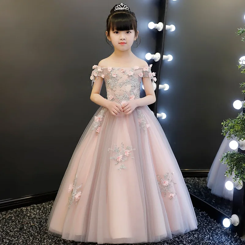 

Beading Appliques Flower Girl Dresses for Wedding Off the Shoulder Holy Communion Dress Long Ball Gown Princess Prom Dress B254