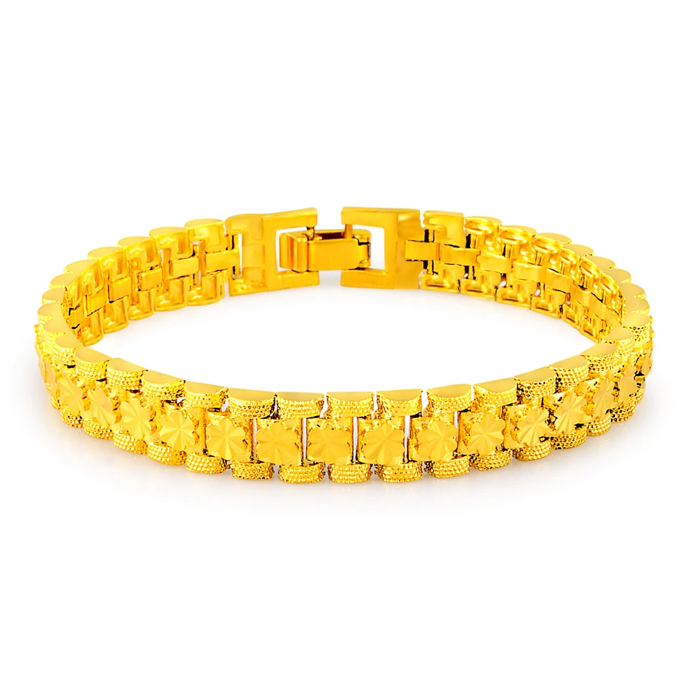 pure Gold Color women's Bracelets &amp Bangles 24k GP 8mm width Strap shape bracelet 18.5cm fashion Luxury Women Wedding Jewelry |