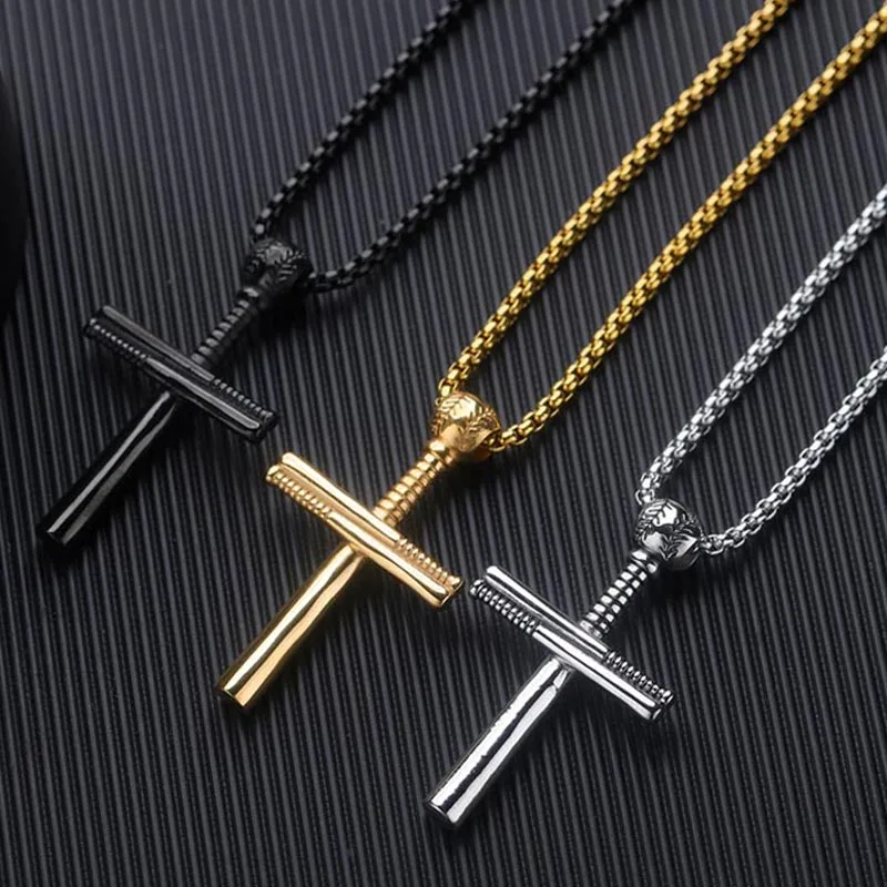 

2019 New Baseball Bat Cross Men Necklace Sport Fashion Jewelry Collares Stainless Steel Pendants Necklaces Mens Jewellery Black