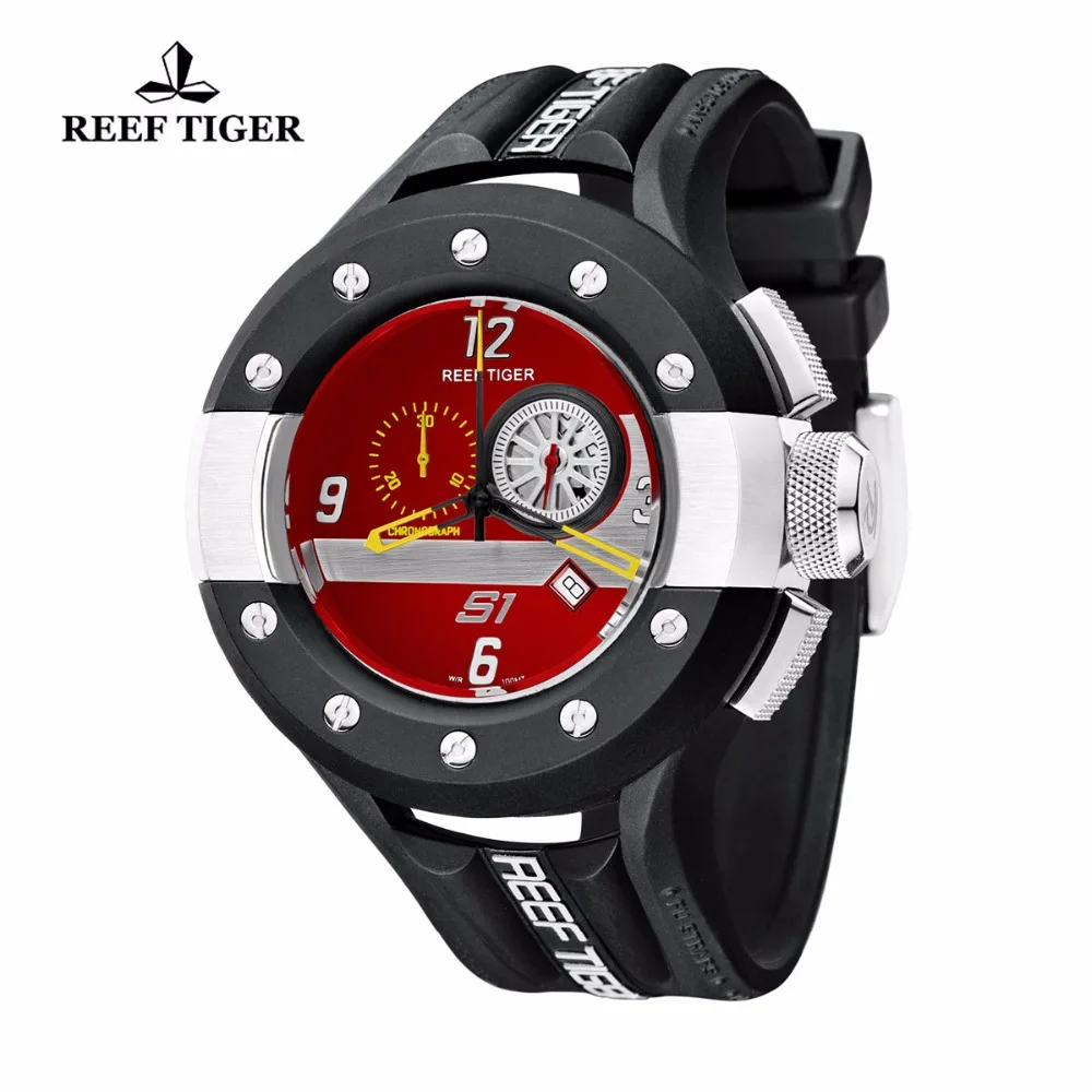 US $103.40 Reef TigerRT Mens Chronograph and Sport Watches Red Dashboard Dial Quartz Watch with Date Steel Rubber Stop Watch RGA3027