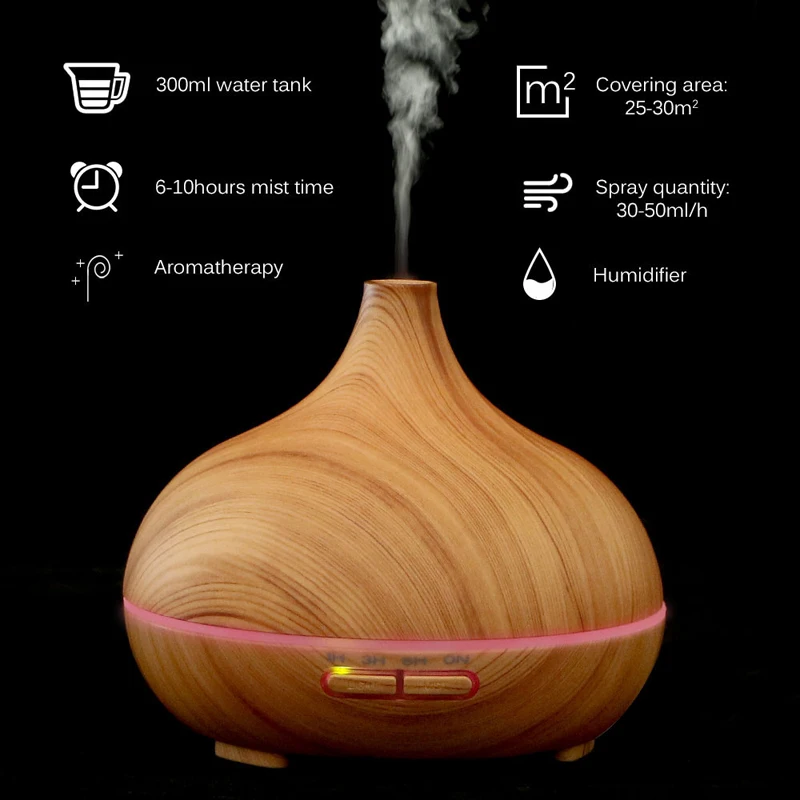 300ml Air Humidifier Essential Oil Diffuser Aroma Lamp Aromatherapy Electric Aroma Diffuser Mist Maker for Home-Wood