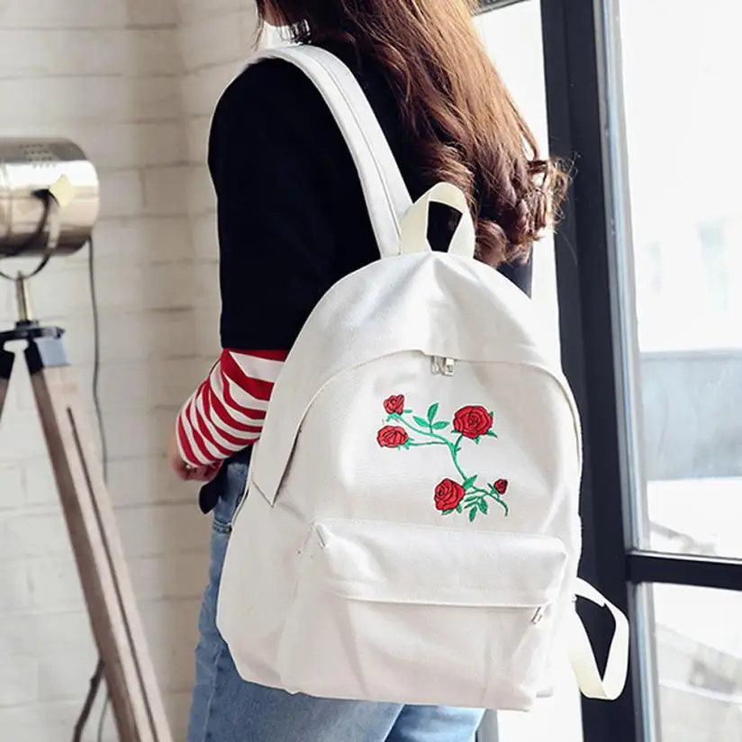 2017 Embroidery Rose Women Backpacks Fashion Canvas Lady Backpacks High Quality Girls Satchel Travel School Bag