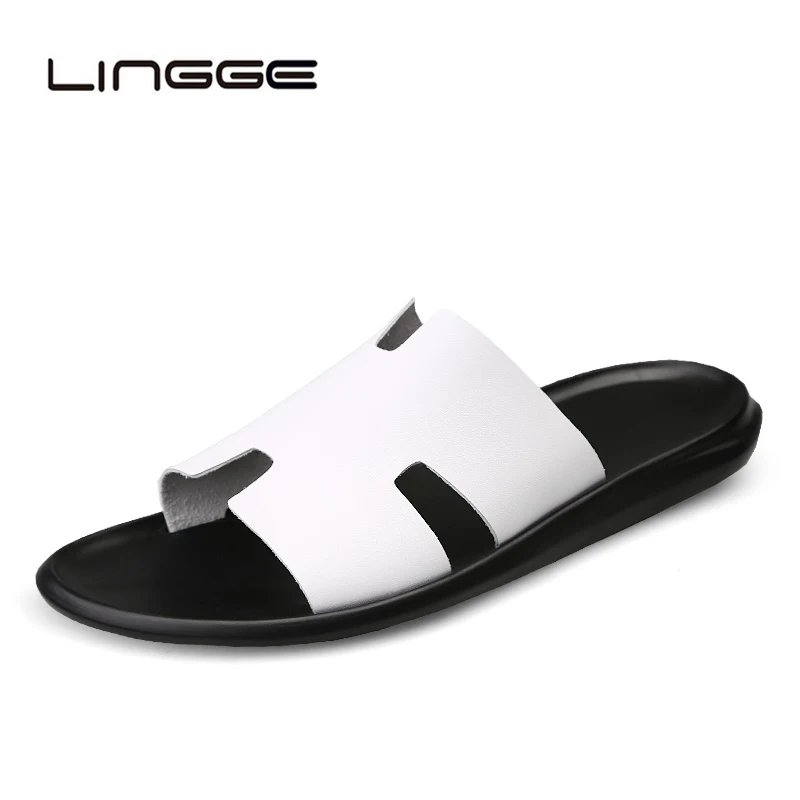 

LINGGE 2019 Men Slippers Casual Black And White Shoes Non-slip Slides Summer Sandals Soft Sole Flip Flops Man Beach Sandals