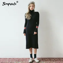 Simpvale вязаный полосатый эластичный тонкий длинное платье Для женщин водолазка из тёплого трикотажа женский дна Платья для женщин с длинным рукавом шаг платье