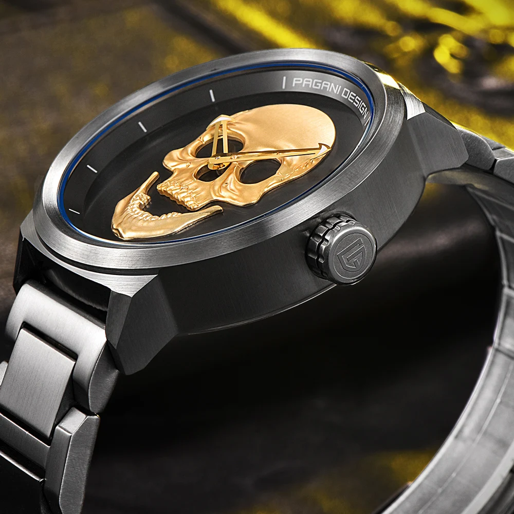 PAGANI фирменный дизайн панк череп 3D персональные часы большой циферблат Ретро дизайн мужские Модные Кварцевые водонепроницаемые часы Стальные часы