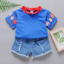 Летние Стильные комплекты детской одежды для девочек, футболка с рисунком арбуза, джинсовые шорты, 2 предмета, одежда для малышей