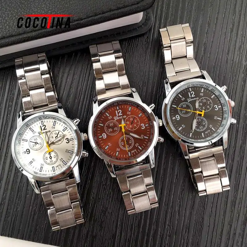 

COCOTINA Geneva Watch Male Watch Stainless Steel Band Watch Couple Quartz Watch Female Watch 4 Color False Three Eyes Six Pin