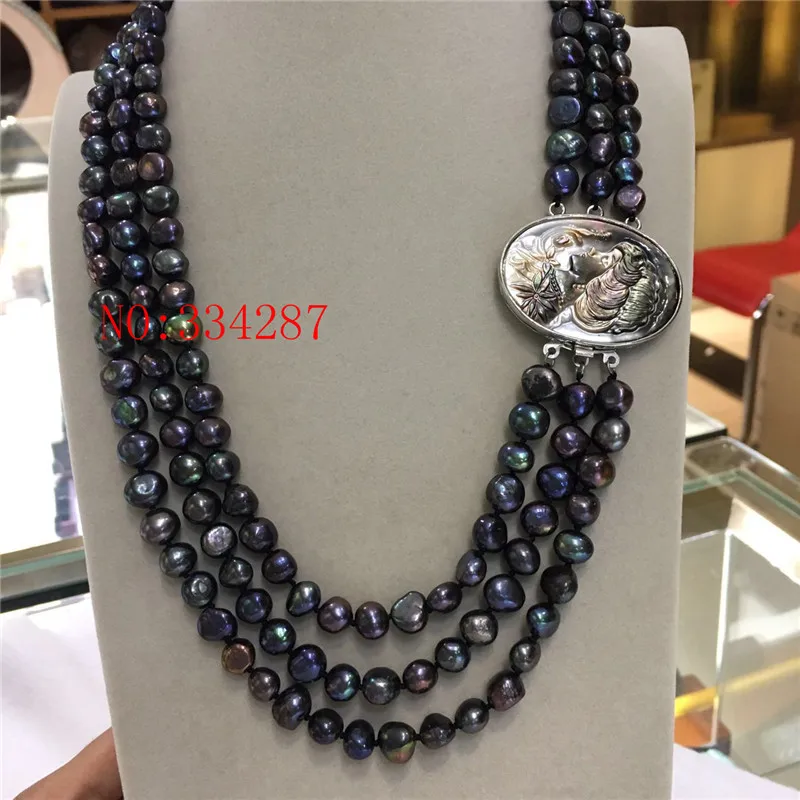 

Baroque 18" 3row 8-9mm black pearls necklace seashell clasp