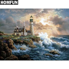 Алмазная живопись HOMFUN A06073, полноразмерная/круглая вышивка «Маяк океана», 5D, для творчества, домашний декор