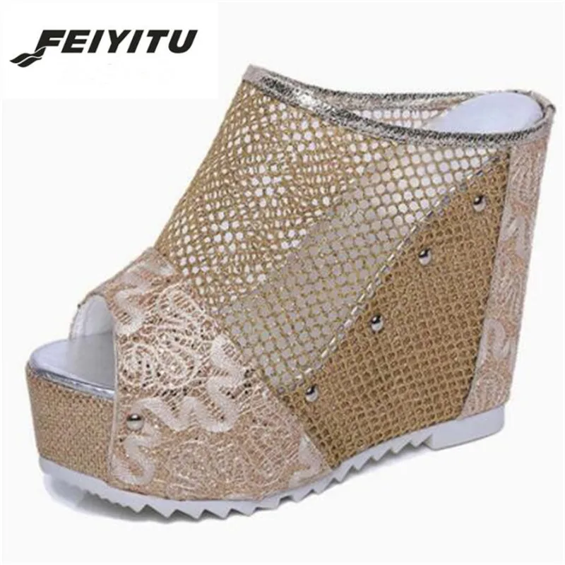 

FeiYiTu 2018 Summer Woman Shoes Platform slippers Wedge Flip Flops High Heel Slippers Women Ultra heel Ladies outside Shoes