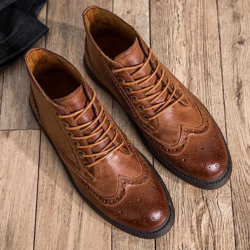 TOP Recommand !! NEW Design Retro Men's Carved Boots British Style Lace Up Business Man Leather Ankle Boots British Style