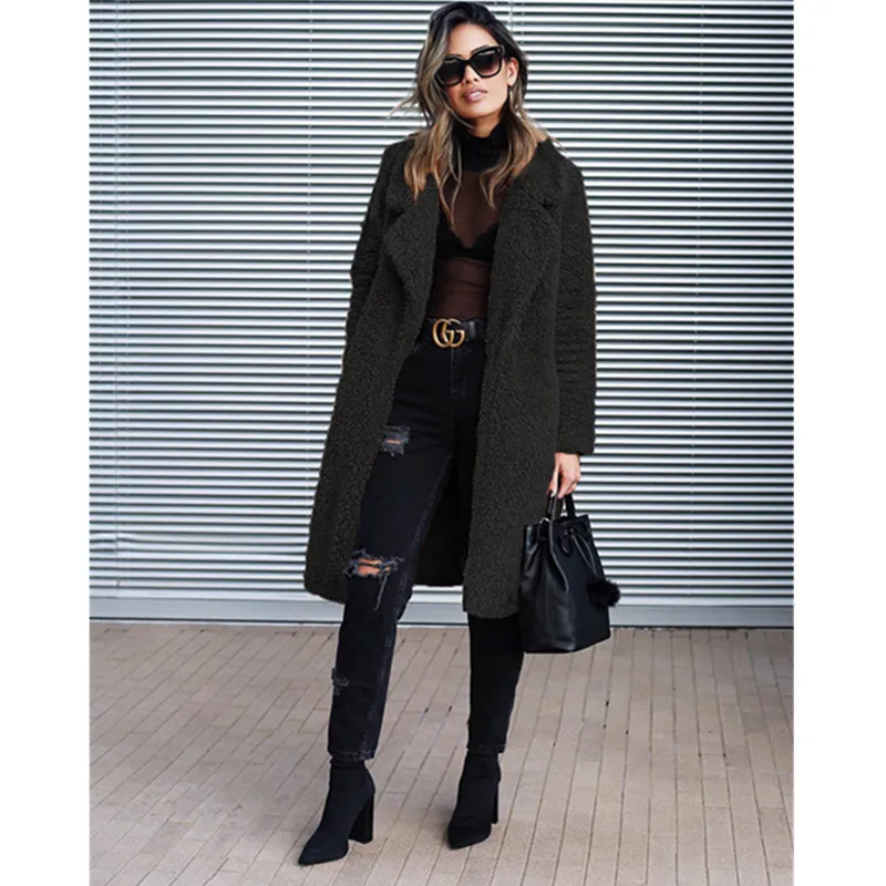 Office Lady Open Front Faux Fur Teddy Solid Long Coat 2018 Autumn Winter Women Coats Outerwear Jacket Jaqueta Feminina Plus Size