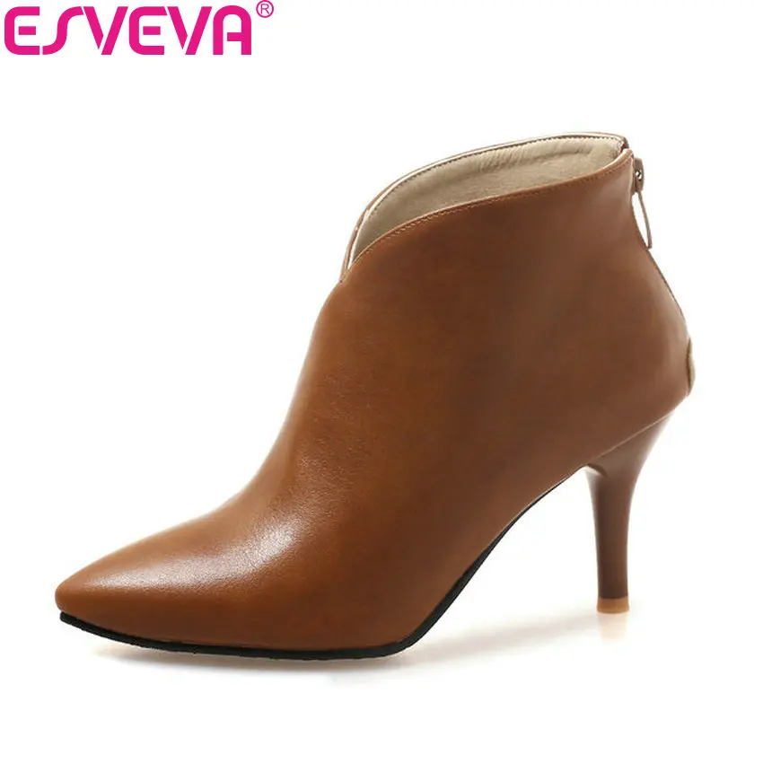 Prix ESVEVA 2019 Femmes Chaussures Bout Pointu Bottes Zipper Bottines Talons Hauts Court En Peluche Chaussures Automne PU Bottes Femme taille 34 43