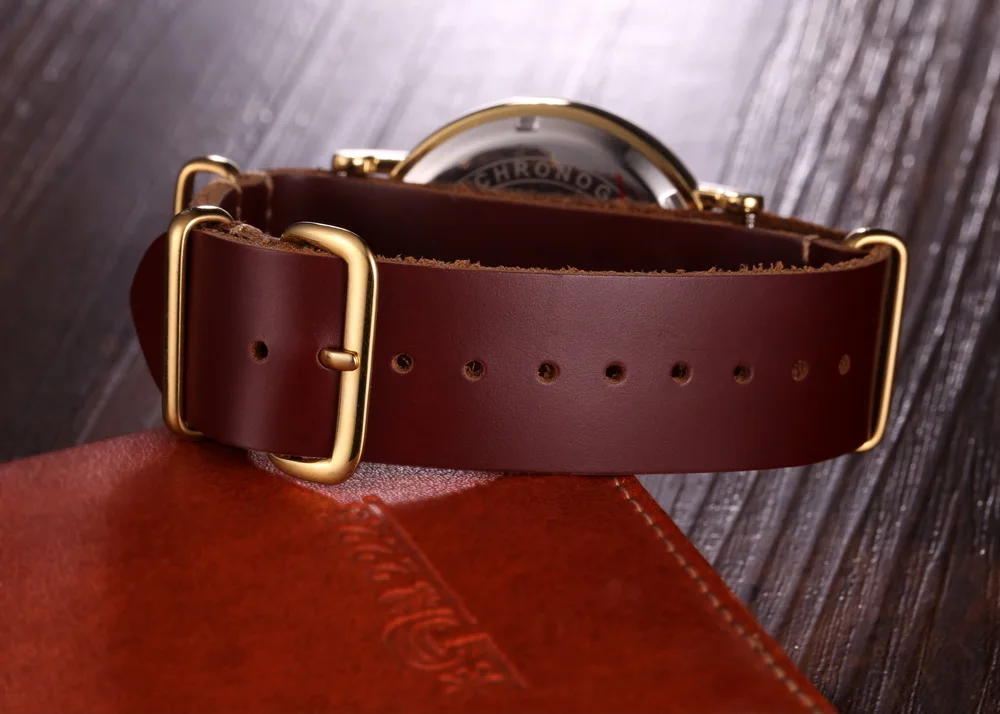 Classical Genuine Leather Quartz Chronograph Watch Multifunction Men Wrist Watch Black Clock