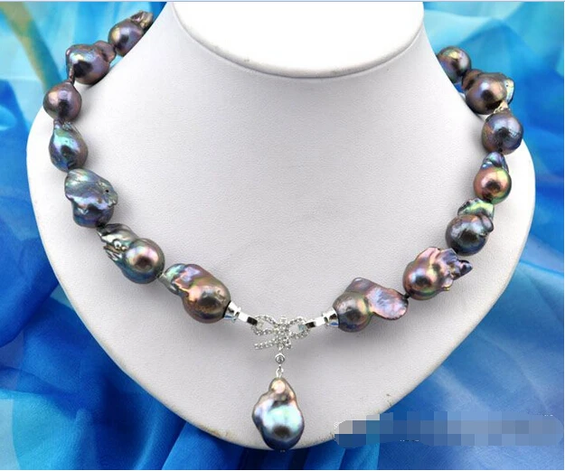 

FREE shippingRare 18" 26mm baroque black keshi reborn pearl necklace pendant